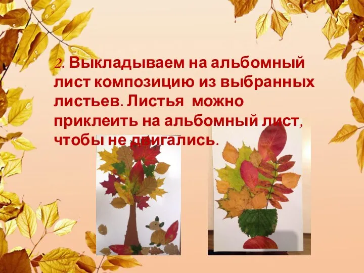 2. Выкладываем на альбомный лист композицию из выбранных листьев. Листья можно