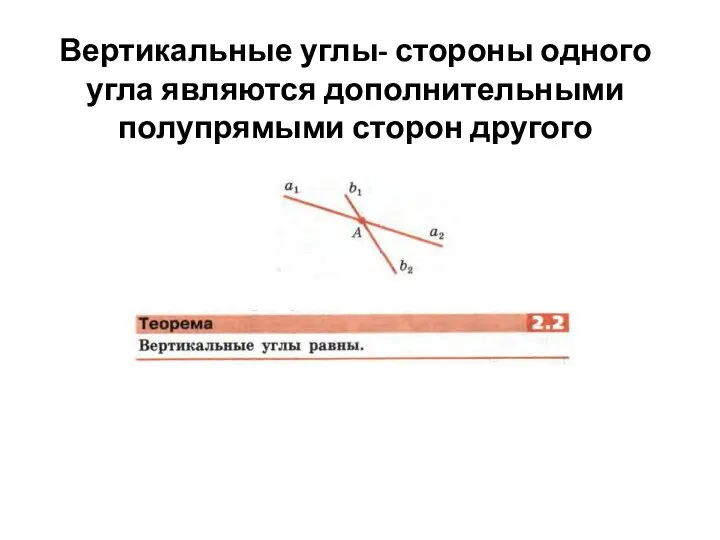 Вертикальные углы- стороны одного угла являются дополнительными полупрямыми сторон другого