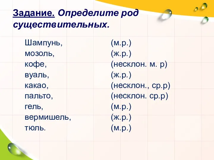 Задание. Определите род существительных. Шампунь, мозоль, кофе, вуаль, какао, пальто, гель,