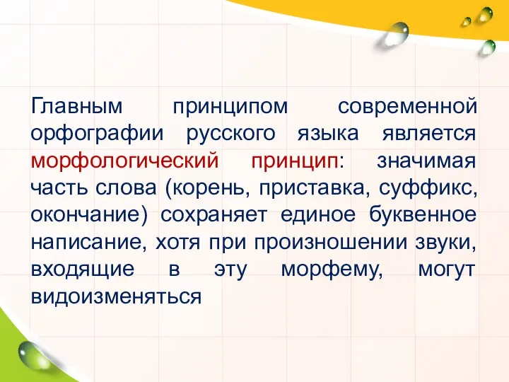 Главным принципом современной орфографии русского языка является морфологический принцип: значимая часть