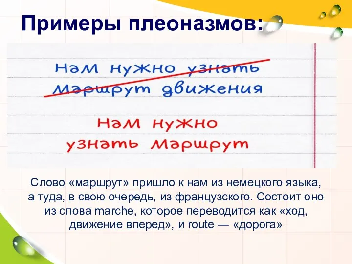 Примеры плеоназмов: Слово «маршрут» пришло к нам из немецкого языка, а