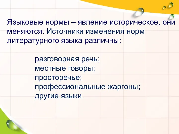 Языковые нормы – явление историческое, они меняются. Источники изменения норм литературного