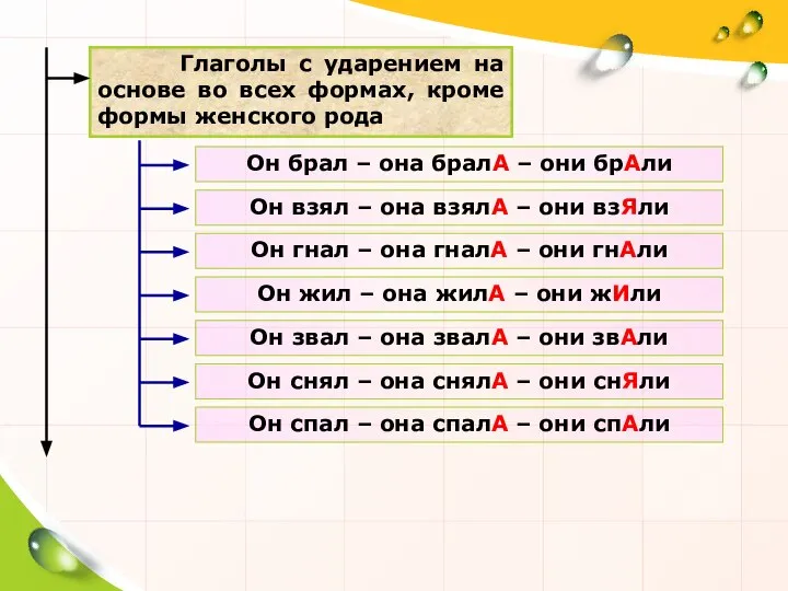 Глаголы с ударением на основе во всех формах, кроме формы женского