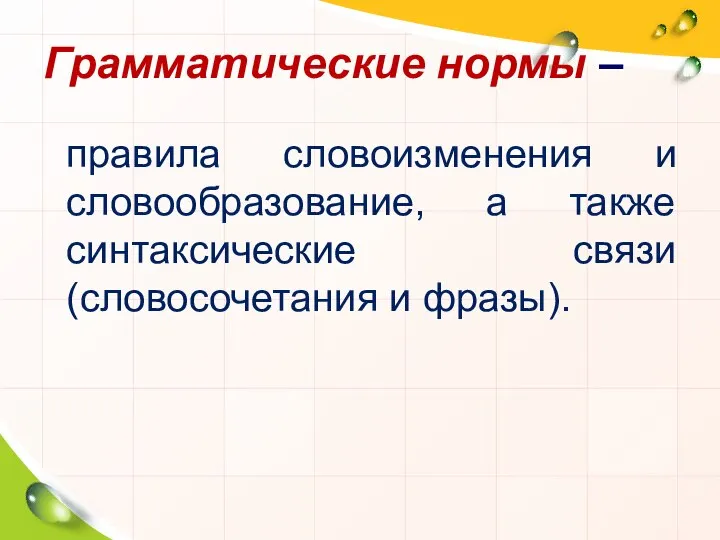 Грамматические нормы – правила словоизменения и словообразование, а также синтаксические связи (словосочетания и фразы).