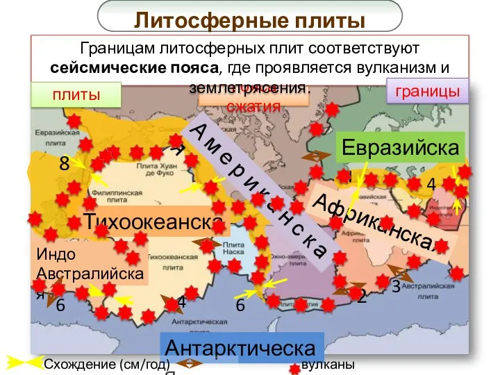 Литосфера состоит из крупных плит, границы которых совпадают со срединными океаническими