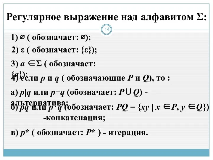 Регулярное выражение над алфавитом Σ: 1) ∅ ( обозначает: ∅); 2)