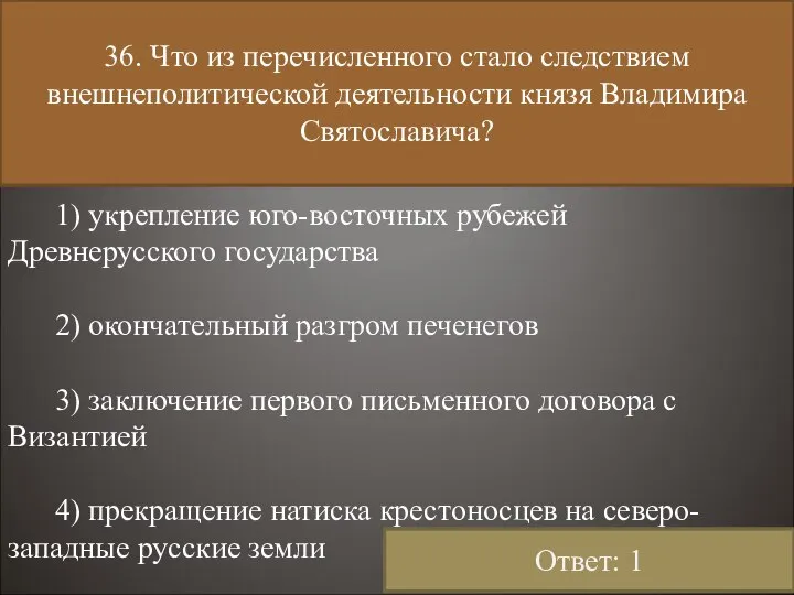 36. Что из перечисленного стало следствием внешнеполитической деятельности князя Владимира Святославича?