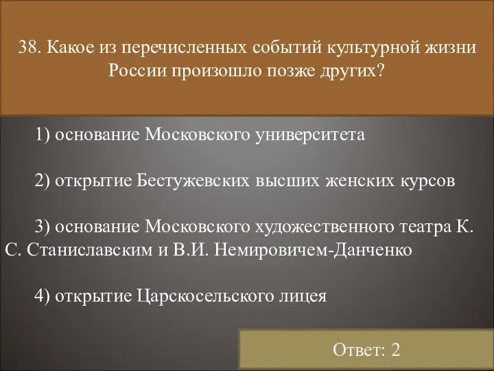 38. Какое из перечисленных событий культурной жизни России произошло позже других?