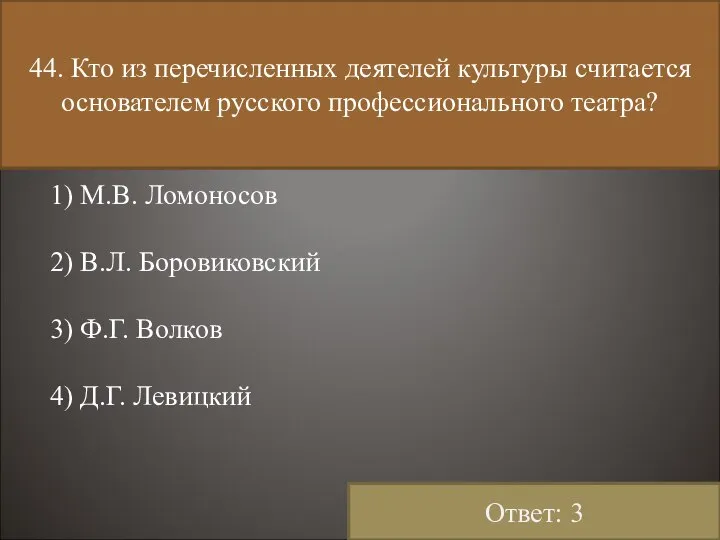 44. Кто из перечисленных деятелей культуры считается основателем русского профессионального театра?