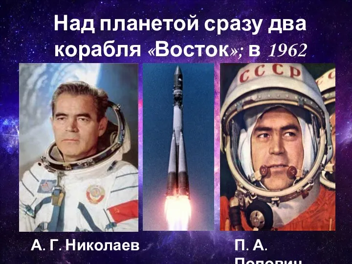 Над планетой сразу два корабля «Восток»; в 1962 году А. Г. Николаев П. А. Попович