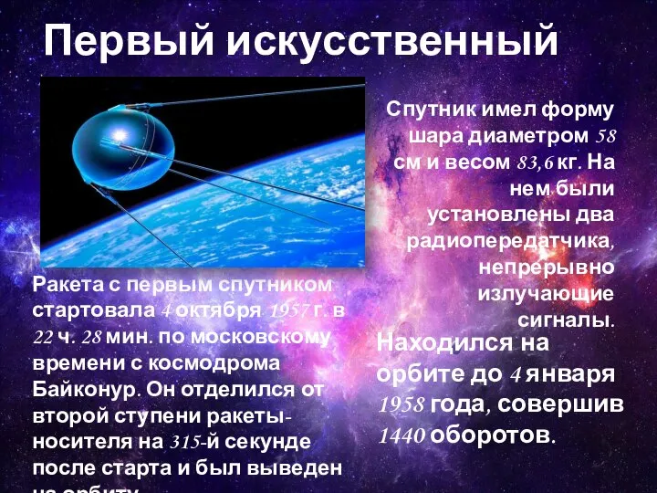 Первый искусственный спутник Ракета с первым спутником стартовала 4 октября 1957