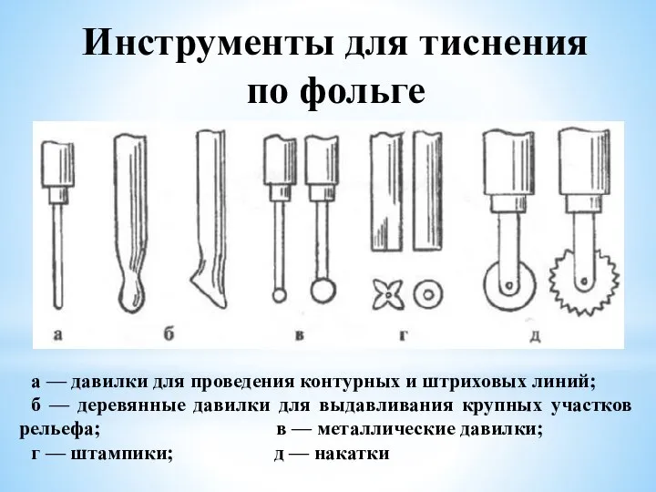 Инструменты для тиснения по фольге а — давилки для проведения контурных