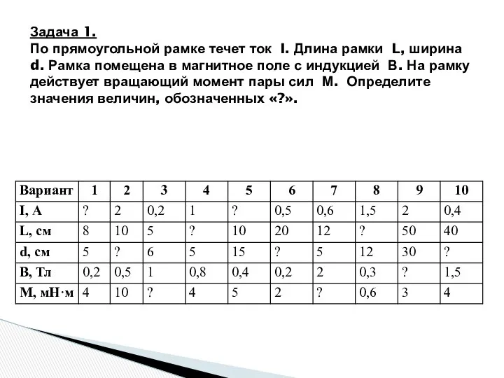 Задача 1. По прямоугольной рамке течет ток I. Длина рамки L,