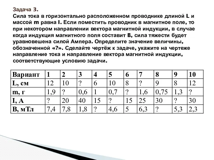 Задача 3. Сила тока в горизонтально расположенном проводнике длиной L и