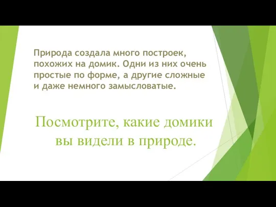 Посмотрите, какие домики вы видели в природе. Природа создала много построек,