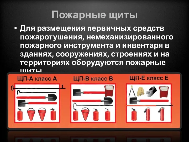 Пожарные щиты Для размещения первичных средств пожаротушения, немеханизированного пожарного инструмента и