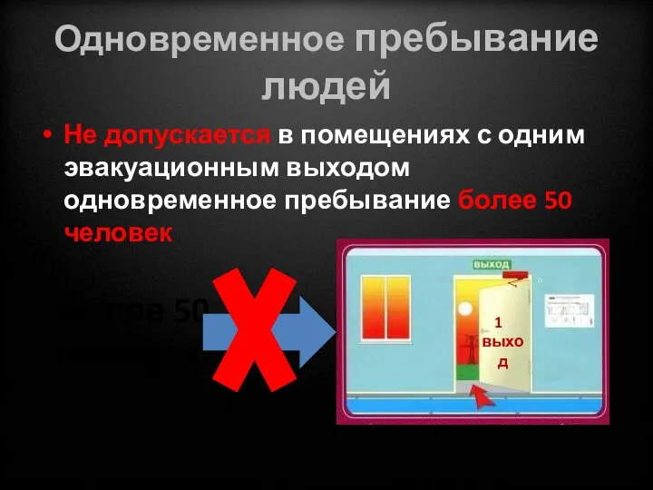 Одновременное пребывание людей Не допускается в помещениях с одним эвакуационным выходом