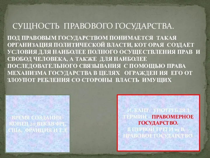 СУЩНОСТЬ ПРАВОВОГО ГОСУДАРСТВА. ПОД ПРАВОВЫМ ГОСУДАРСТВОМ ПОНИМАЕТСЯ ТАКАЯ ОРГАНИЗАЦИЯ ПОЛИТИЧЕСКОЙ ВЛАСТИ,