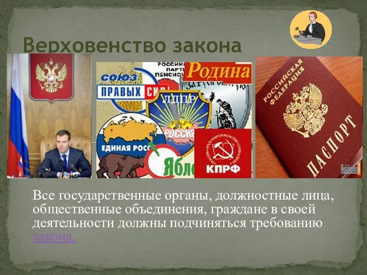 Верховенство закона Все государственные органы, должностные лица, общественные объединения, граждане в