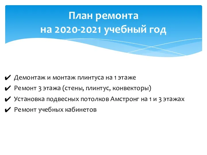 План ремонта на 2020-2021 учебный год Демонтаж и монтаж плинтуса на