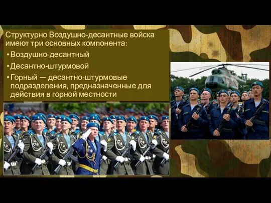 Структурно Воздушно-десантные войска имеют три основных компонента: Воздушно-десантный Десантно-штурмовой Горный —