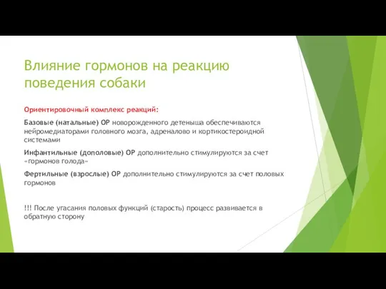 Влияние гормонов на реакцию поведения собаки Ориентировочный комплекс реакций: Базовые (натальные)