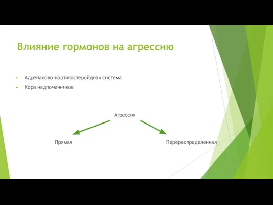 Влияние гормонов на агрессию Адреналово-кортикостеройдная система Кора надпочечников Агрессия Прямая Перераспределенная