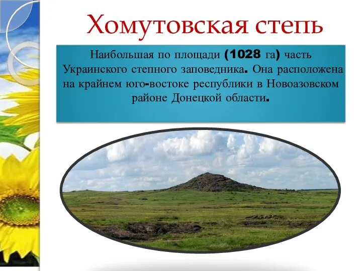 Хомутовская степь Наибольшая по площади (1028 га) часть Украинского степного заповедника.