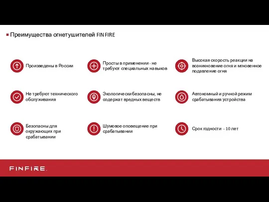 Преимущества огнетушителей FINFIRE Безопасны для окружающих при срабатывании Не требуют технического