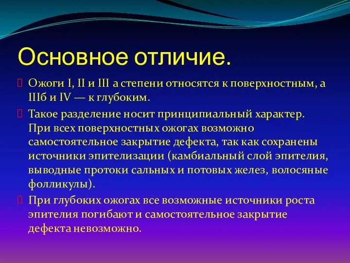 Основное отличие. Ожоги I, II и III а степени относятся к