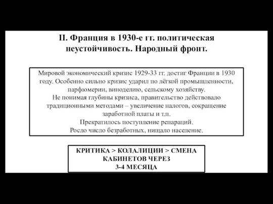 II. Франция в 1930-е гг. политическая неустойчивость. Народный фронт. Мировой экономический