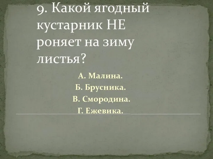 9. Какой ягодный кустарник НЕ роняет на зиму листья? А. Малина.