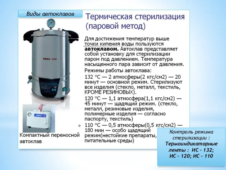 Виды автоклавов Контроль режима стерилизации : Термоиндикаторные ленты : ИС –