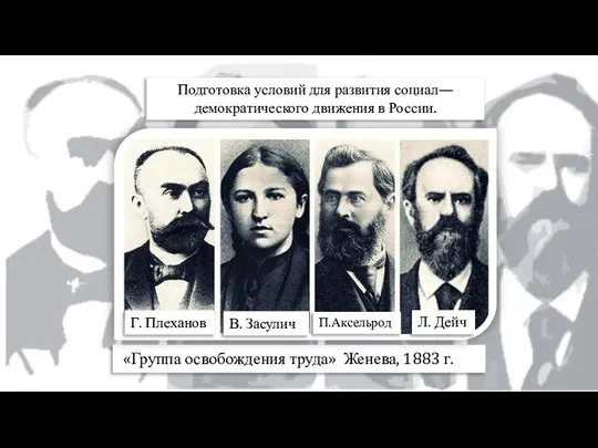 «Группа освобождения труда» Женева, 1883 г. Г. Плеханов В. Засулич Л.