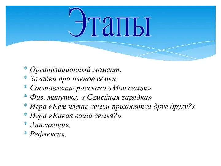 Организационный момент. Загадки про членов семьи. Составление рассказа «Моя семья» Физ.