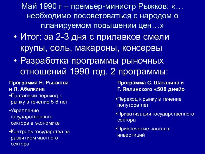 Май 1990 г – премьер-министр Рыжков: «… необходимо посоветоваться с народом