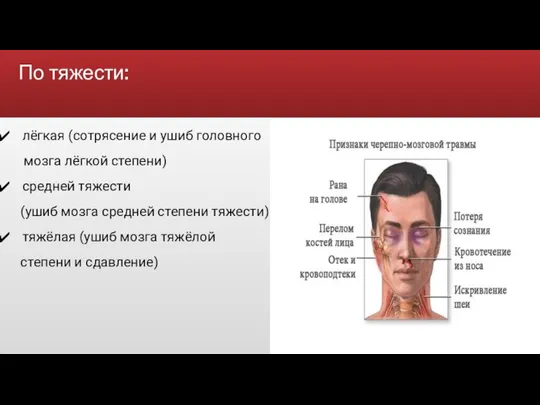 По тяжести: лёгкая (сотрясение и ушиб головного мозга лёгкой степени) средней