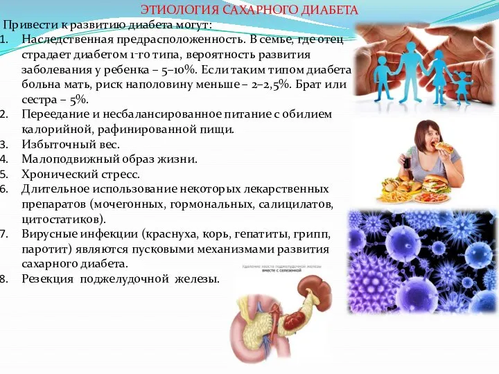 ЭТИОЛОГИЯ САХАРНОГО ДИАБЕТА Привести к развитию диабета могут: Наследственная предрасположенность. В