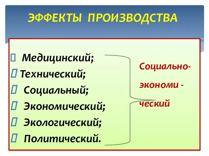 Медицинский; Технический; Социальный; Экономический; Экологический; Политический. ЭФФЕКТЫ ПРОИЗВОДСТВА Социально-экономи - ческий