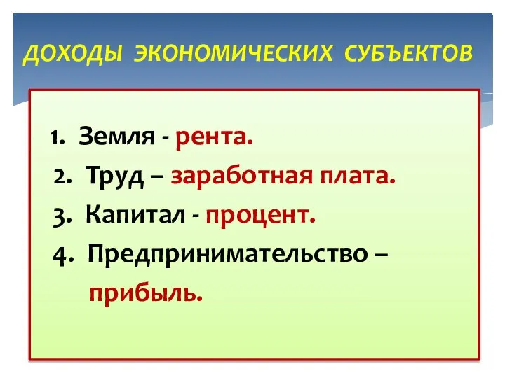 1. Земля - рента. 2. Труд – заработная плата. 3. Капитал