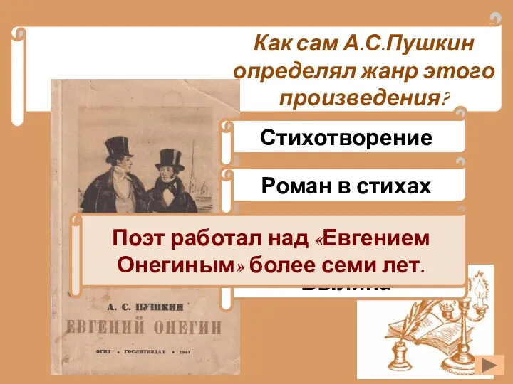 Как сам А.С.Пушкин определял жанр этого произведения? Стихотворение Роман в стихах