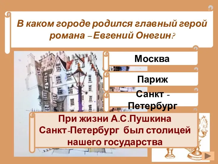 В каком городе родился главный герой романа – Евгений Онегин? Москва