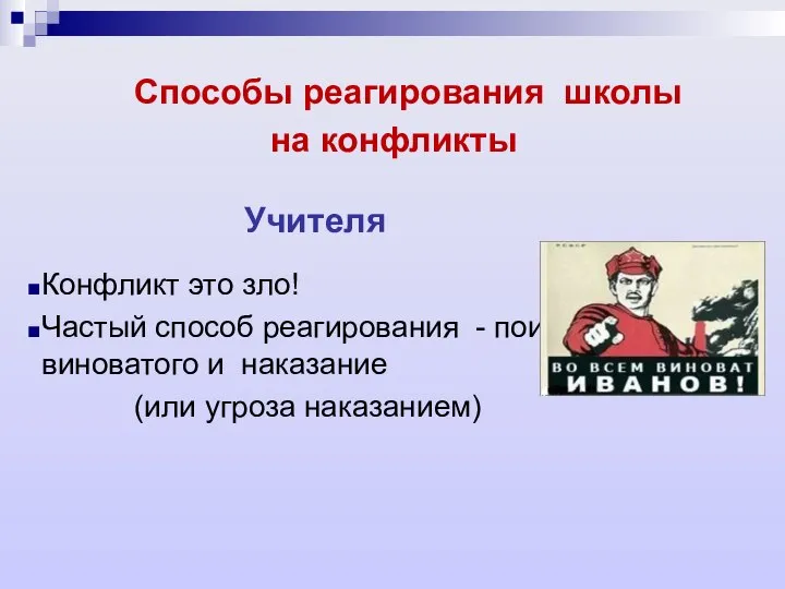 Способы реагирования школы на конфликты Учителя Конфликт это зло! Частый способ