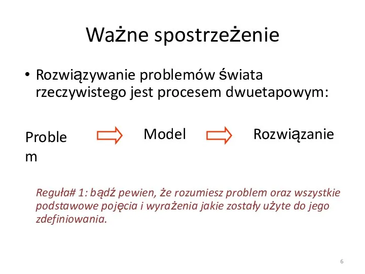 Ważne spostrzeżenie Rozwiązywanie problemów świata rzeczywistego jest procesem dwuetapowym: Reguła# 1: