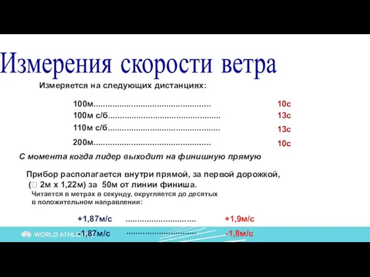 Измерения скорости ветра Измеряется на следующих дистанциях: 100м.................................................. 110м с/б................................................ 200м..................................................