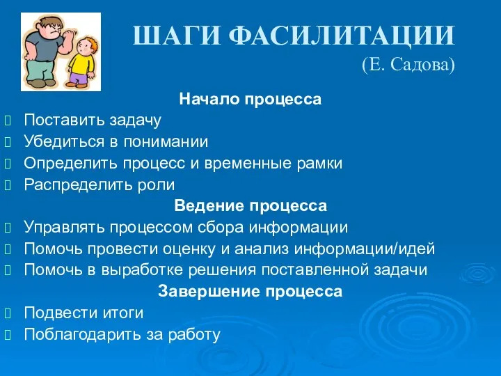 ШАГИ ФАСИЛИТАЦИИ (Е. Садова) Начало процесса Поставить задачу Убедиться в понимании