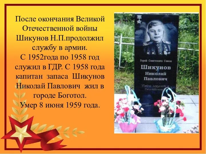 После окончания Великой Отечественной войны Шикунов Н.П.продолжил службу в армии. С