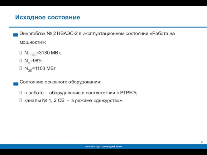 Исходное состояние Энергоблок № 2 НВАЭС-2 в эксплуатационном состоянии «Работа на