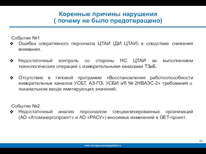 Коренные причины нарушения ( почему не было предотвращено) Событие №1 Ошибка