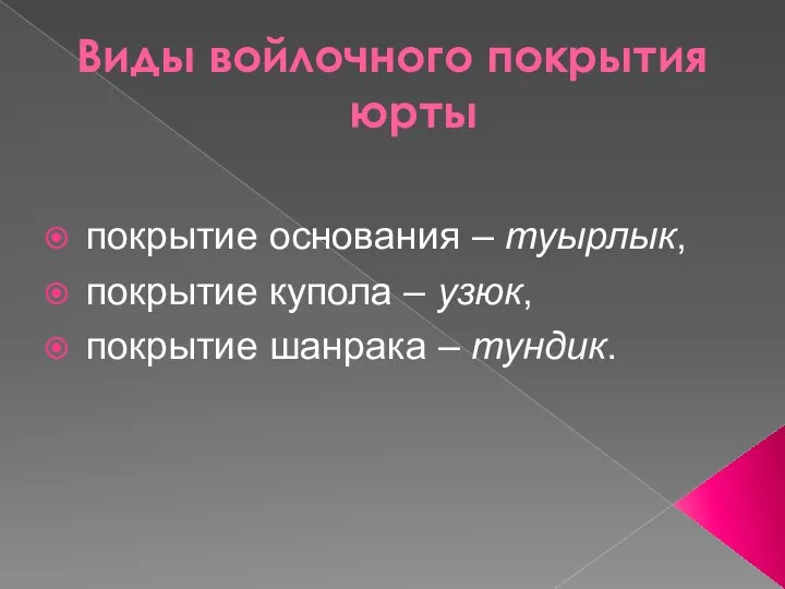 Виды войлочного покрытия юрты покрытие основания – туырлык, покрытие купола – узюк, покрытие шанрака – тундик.